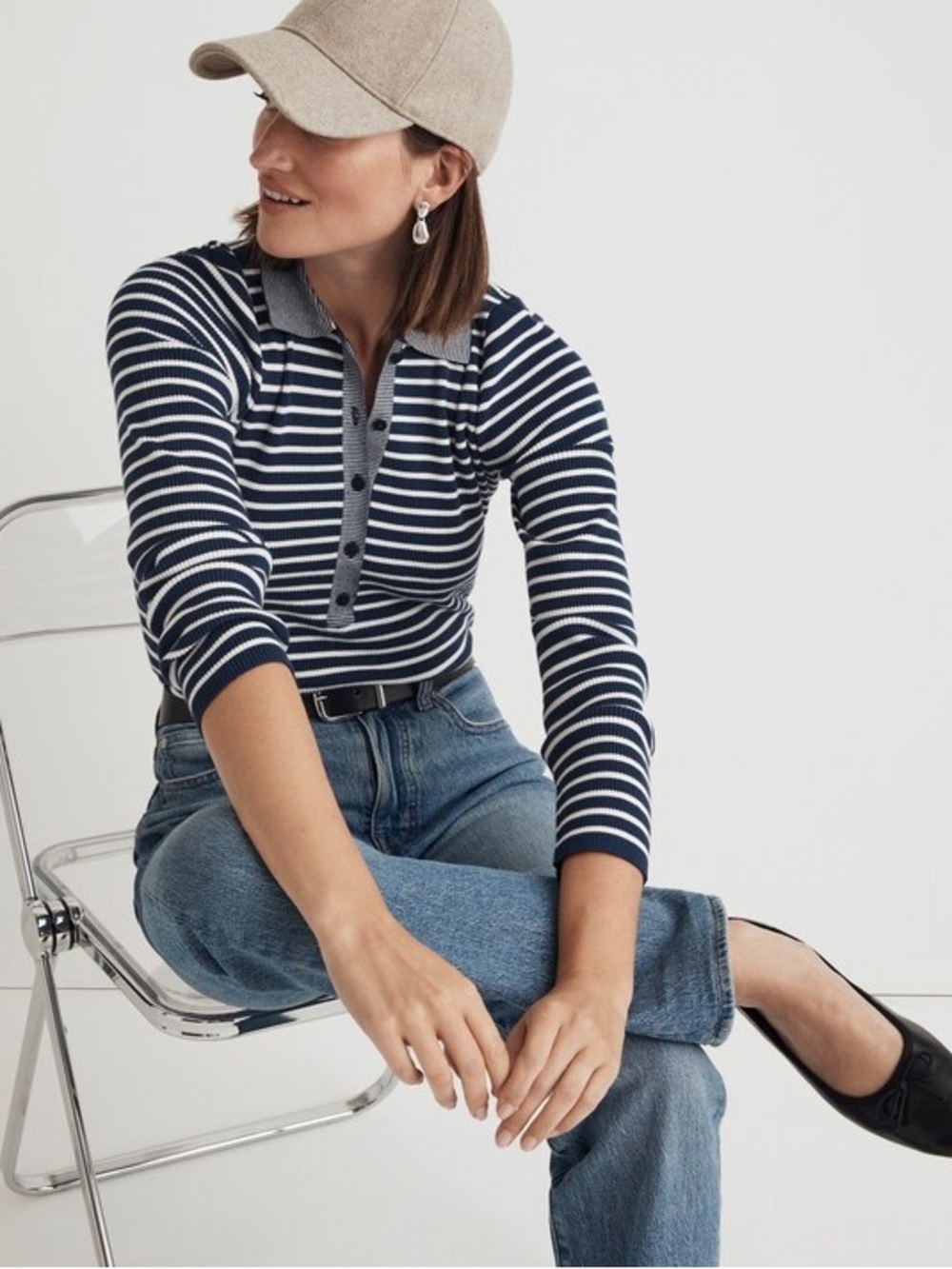 Madewell Signature Knit Striped Polo Sweater Top | XS | Coastal Preppy